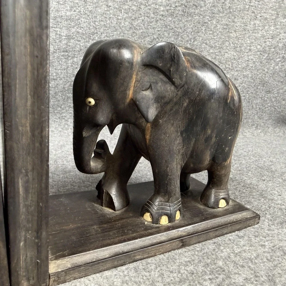 Wood Elephant Bookends Pair Hand Carved Book Holder Brown Home Decor Shelf